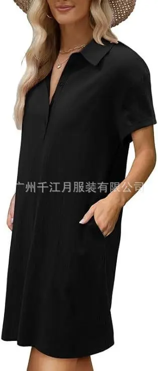 Women Cotton Button Dress Light Blue Summer Casual Pockets — feature 12