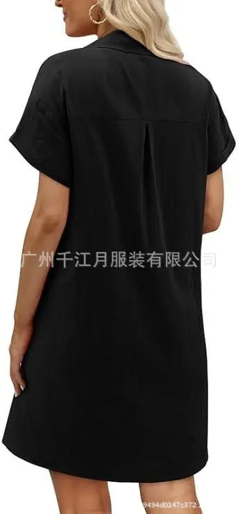 Women Cotton Button Dress Light Blue Summer Casual Pockets — feature 13