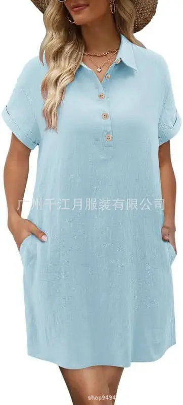 Women Cotton Button Dress Light Blue Summer Casual Pockets — feature 14