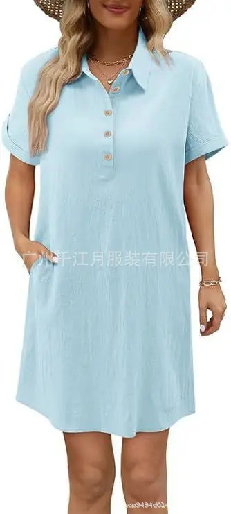 Women Cotton Button Dress Light Blue Summer Casual Pockets — feature 15