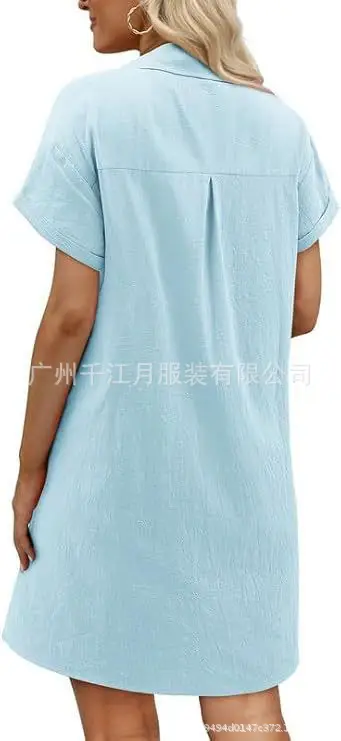 Women Cotton Button Dress Light Blue Summer Casual Pockets — feature 16