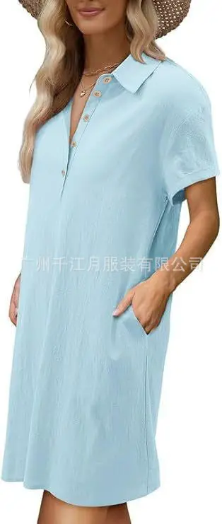 Women Cotton Button Dress Light Blue Summer Casual Pockets — feature 17