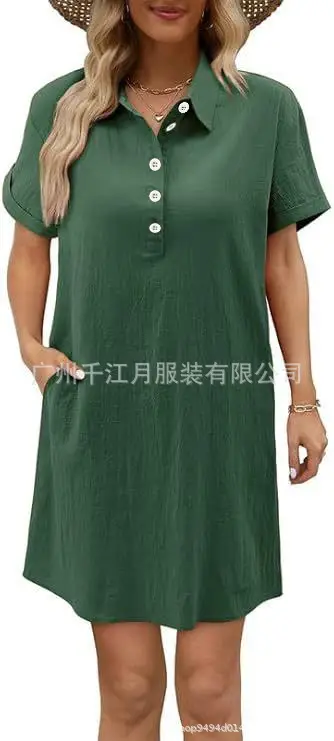 Women Cotton Button Dress Light Blue Summer Casual Pockets — feature 19