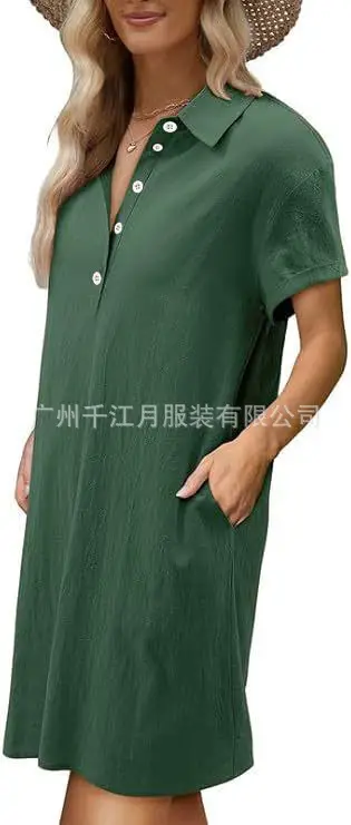 Women Cotton Button Dress Light Blue Summer Casual Pockets — feature 20