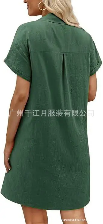 Women Cotton Button Dress Light Blue Summer Casual Pockets — feature 21
