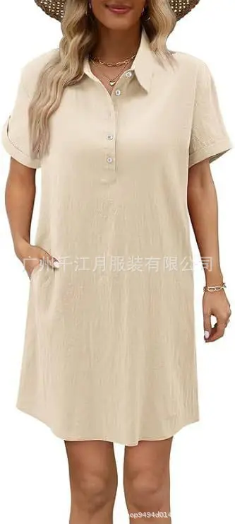 Women Cotton Button Dress Light Blue Summer Casual Pockets — feature 23