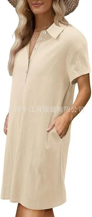 Women Cotton Button Dress Light Blue Summer Casual Pockets — feature 24