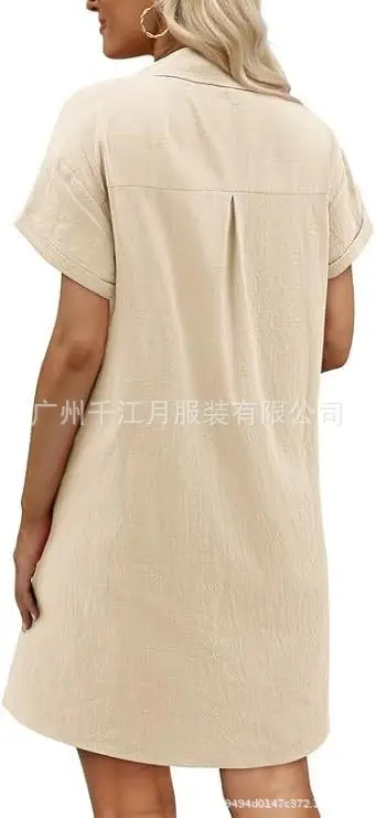 Women Cotton Button Dress Light Blue Summer Casual Pockets — feature 25