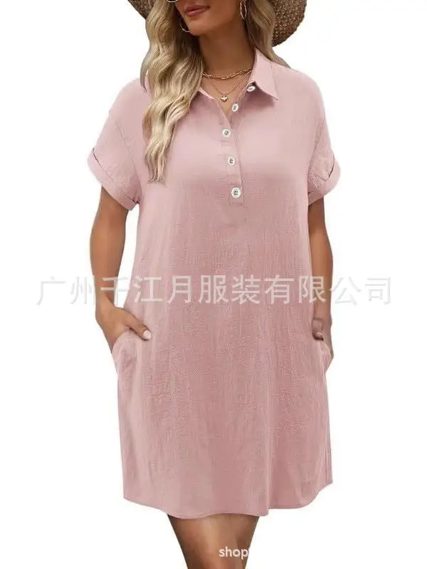 Women Cotton Button Dress Light Blue Summer Casual Pockets — feature 6