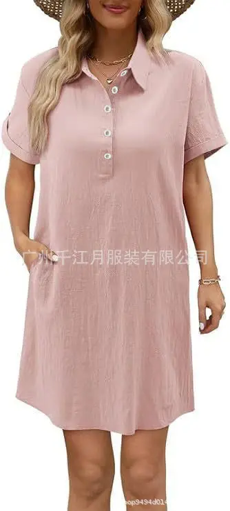 Women Cotton Button Dress Light Blue Summer Casual Pockets — feature 7