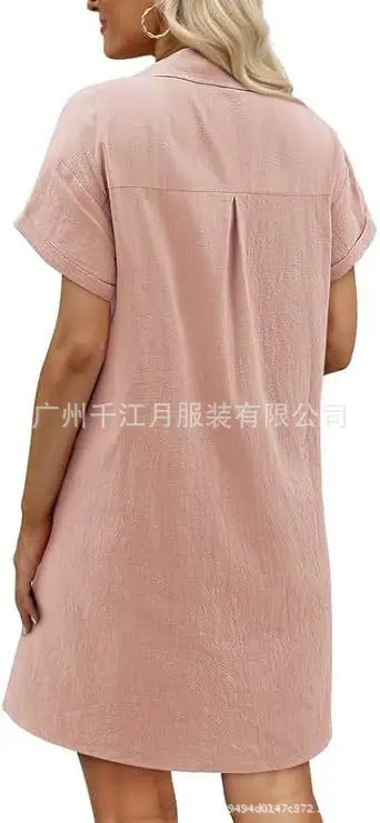 Women Cotton Button Dress Light Blue Summer Casual Pockets — feature 8
