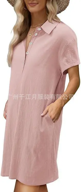 Women Cotton Button Dress Light Blue Summer Casual Pockets — feature 9