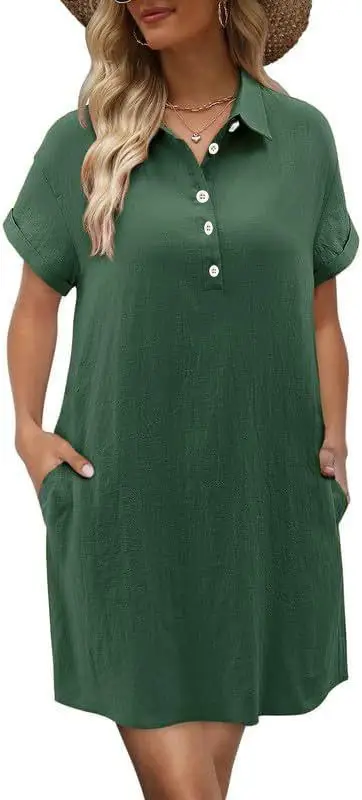 Women Cotton Button Dress Light Blue Summer Casual Pockets - Image 3