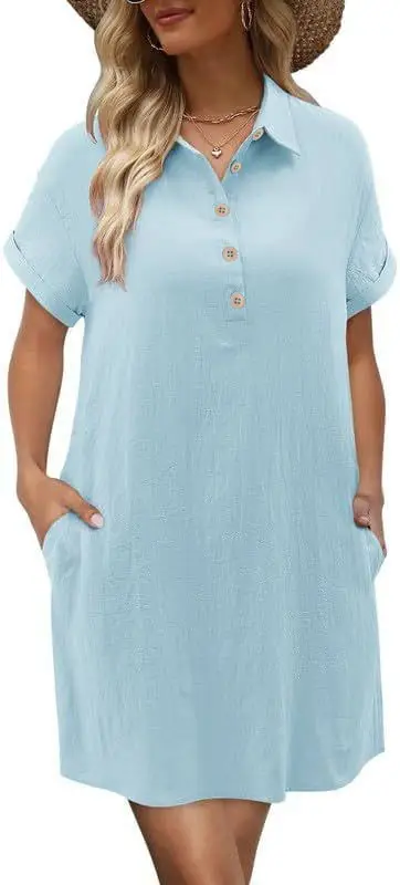 Women Cotton Button Dress Light Blue Summer Casual Pockets - Image 4