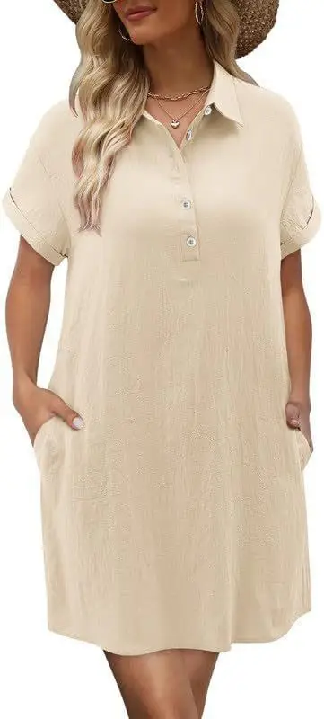 Women Cotton Button Dress Light Blue Summer Casual Pockets - Image 5