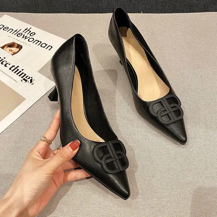 French Style Elegant High Heels Women's Stiletto-heeled Comfortable Fashion Shoes with Pointed Toe Square Buckle Shallow Tight Foot-free Spring and Autumn Single-layer Shoes - Image 4