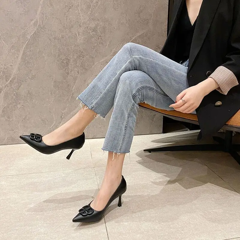 French Style Elegant High Heels Women's Stiletto-heeled Comfortable Fashion Shoes with Pointed Toe Square Buckle Shallow Tight Foot-free Spring and Autumn Single-layer Shoes — feature 7