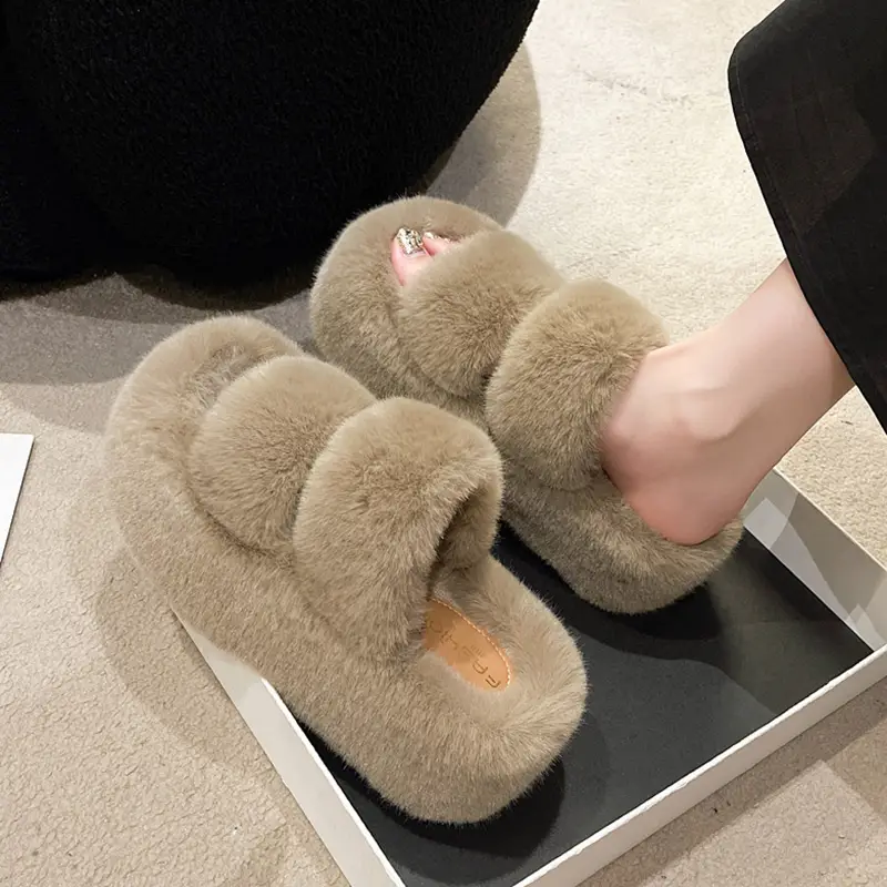2025 Spring and Autumn New Style Puff Platform Thick Bottom Height Increased Plush Fluffy Cotton Slippers Women's Outwear Home Fluffy Shoes