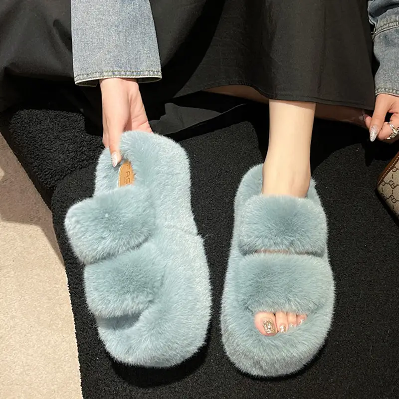 2025 Spring and Autumn New Style Puff Platform Thick Bottom Height Increased Plush Fluffy Cotton Slippers Women's Outwear Home Fluffy Shoes