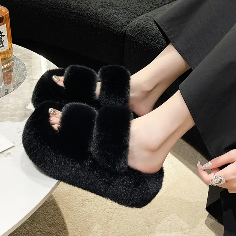 2025 Spring and Autumn New Style Puff Platform Thick Bottom Height Increased Plush Fluffy Cotton Slippers Women's Outwear Home Fluffy Shoes
