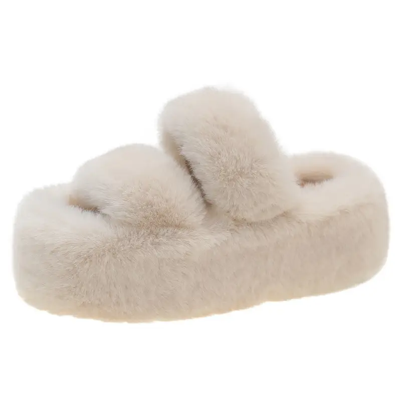 2025 Spring and Autumn New Style Puff Platform Thick Bottom Height Increased Plush Fluffy Cotton Slippers Women's Outwear Home Fluffy Shoes