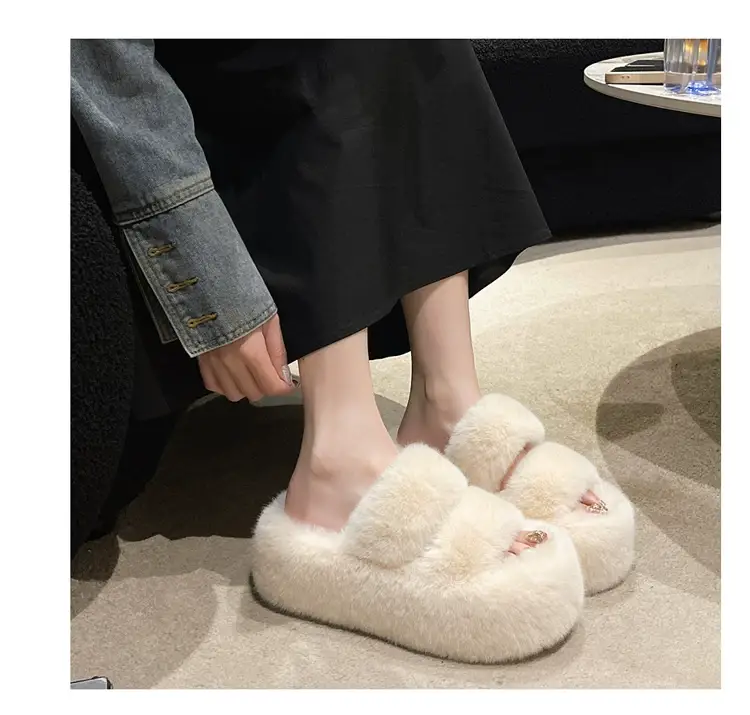 2025 Spring and Autumn New Style Puff Platform Thick Bottom Height Increased Plush Fluffy Cotton Slippers Women's Outwear Home Fluffy Shoes — feature 10
