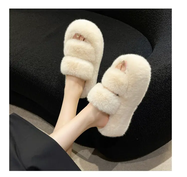 2025 Spring and Autumn New Style Puff Platform Thick Bottom Height Increased Plush Fluffy Cotton Slippers Women's Outwear Home Fluffy Shoes — feature 11
