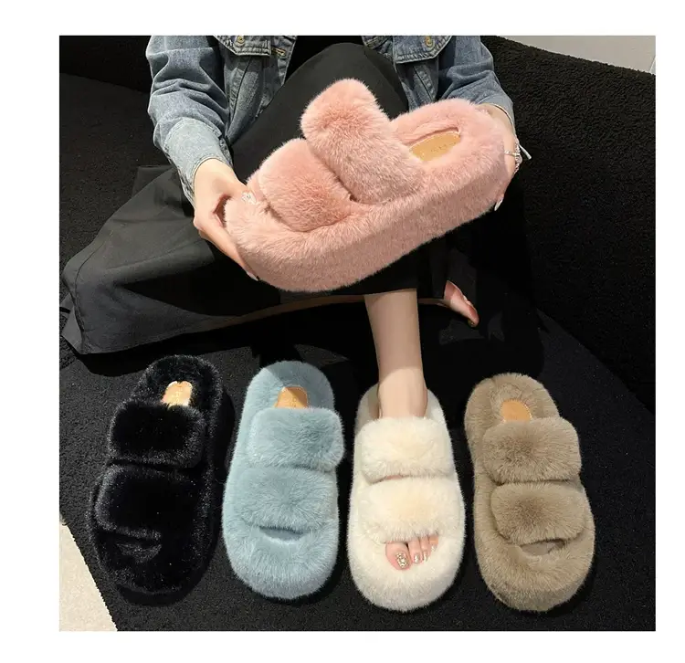 2025 Spring and Autumn New Style Puff Platform Thick Bottom Height Increased Plush Fluffy Cotton Slippers Women's Outwear Home Fluffy Shoes — feature 12