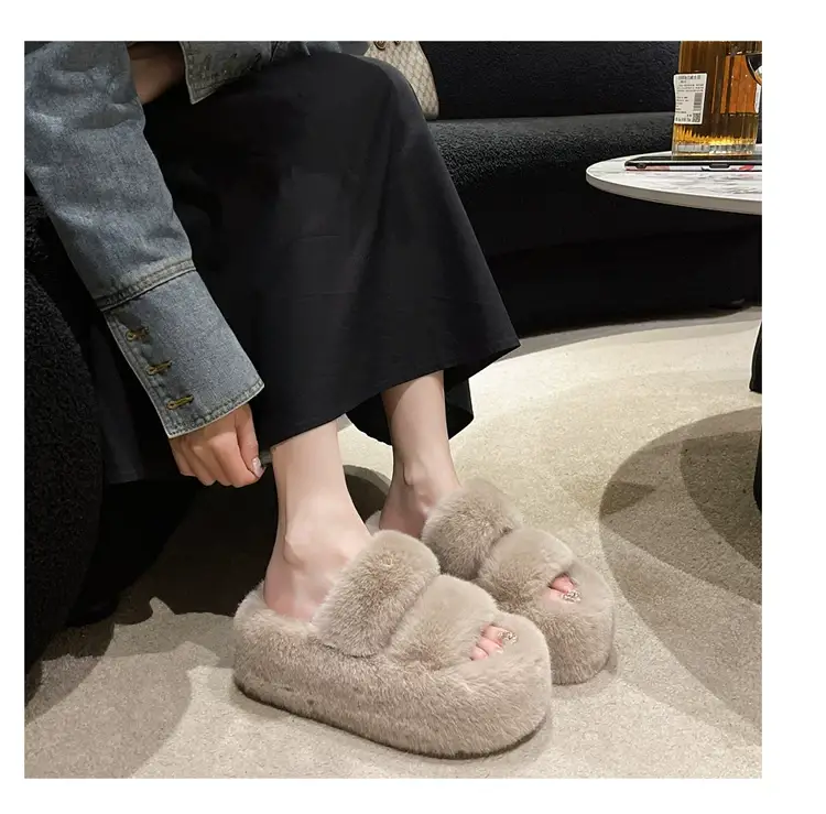 2025 Spring and Autumn New Style Puff Platform Thick Bottom Height Increased Plush Fluffy Cotton Slippers Women's Outwear Home Fluffy Shoes — feature 13