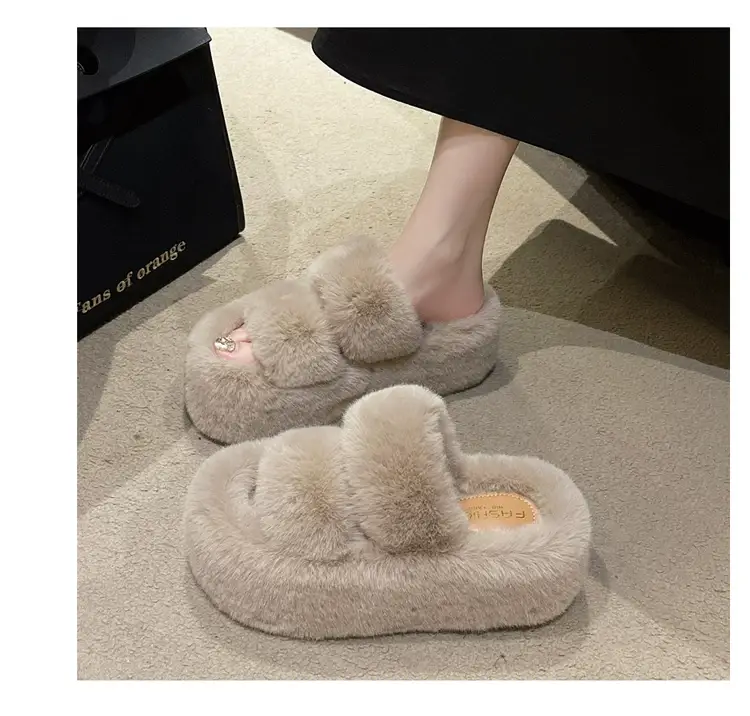 2025 Spring and Autumn New Style Puff Platform Thick Bottom Height Increased Plush Fluffy Cotton Slippers Women's Outwear Home Fluffy Shoes — feature 14