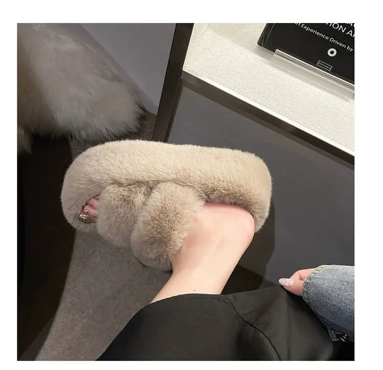 2025 Spring and Autumn New Style Puff Platform Thick Bottom Height Increased Plush Fluffy Cotton Slippers Women's Outwear Home Fluffy Shoes — feature 15