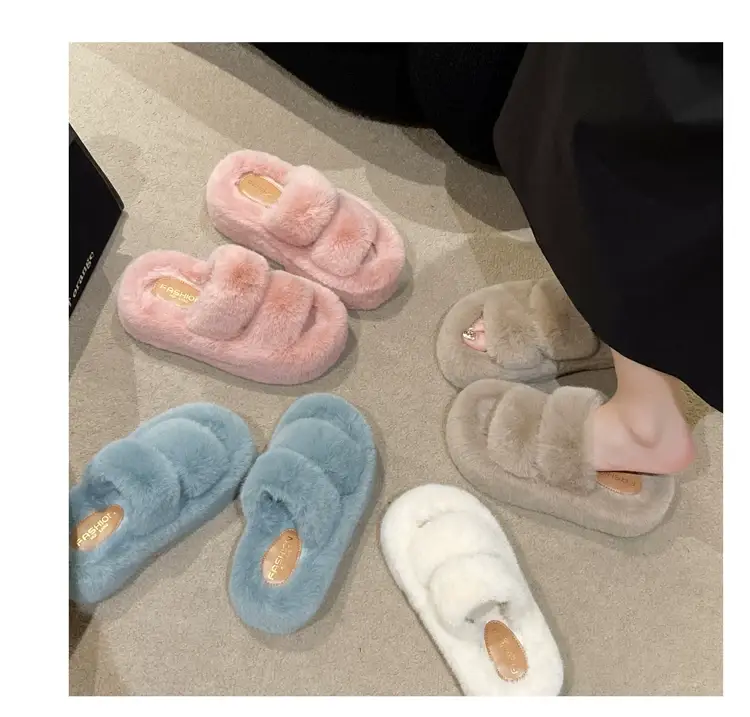 2025 Spring and Autumn New Style Puff Platform Thick Bottom Height Increased Plush Fluffy Cotton Slippers Women's Outwear Home Fluffy Shoes — feature 16