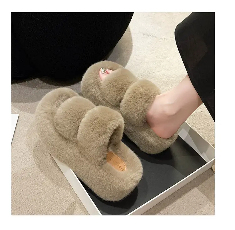 2025 Spring and Autumn New Style Puff Platform Thick Bottom Height Increased Plush Fluffy Cotton Slippers Women's Outwear Home Fluffy Shoes — feature 17