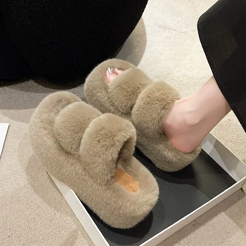 2025 Spring and Autumn New Style Puff Platform Thick Bottom Height Increased Plush Fluffy Cotton Slippers Women's Outwear Home Fluffy Shoes — feature 2