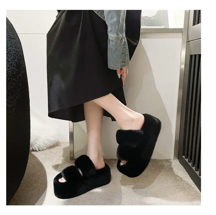 2025 Spring and Autumn New Style Puff Platform Thick Bottom Height Increased Plush Fluffy Cotton Slippers Women's Outwear Home Fluffy Shoes — feature 23
