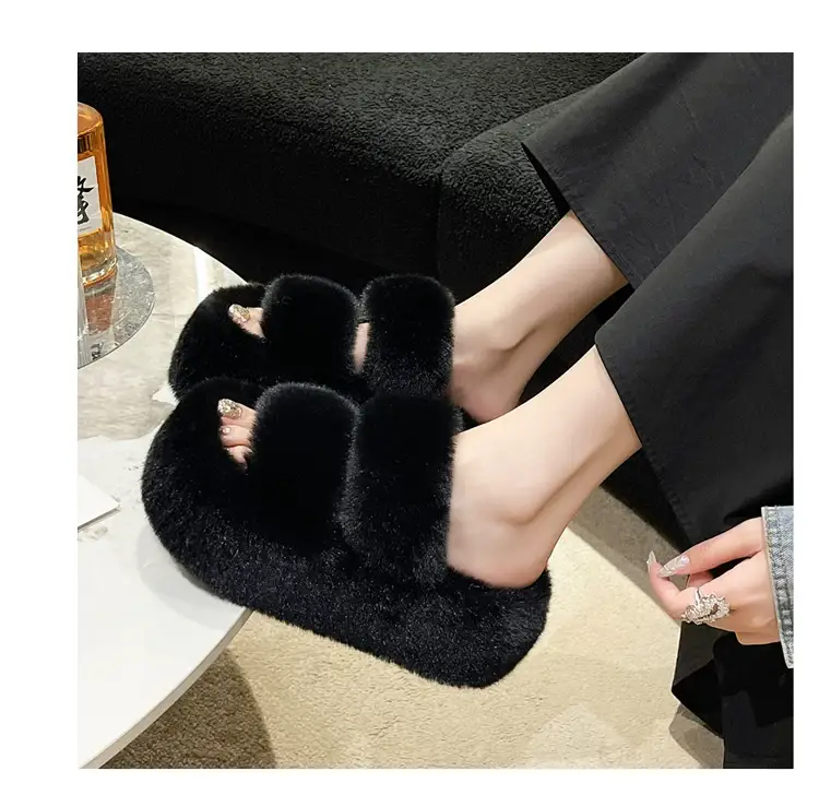2025 Spring and Autumn New Style Puff Platform Thick Bottom Height Increased Plush Fluffy Cotton Slippers Women's Outwear Home Fluffy Shoes — feature 24
