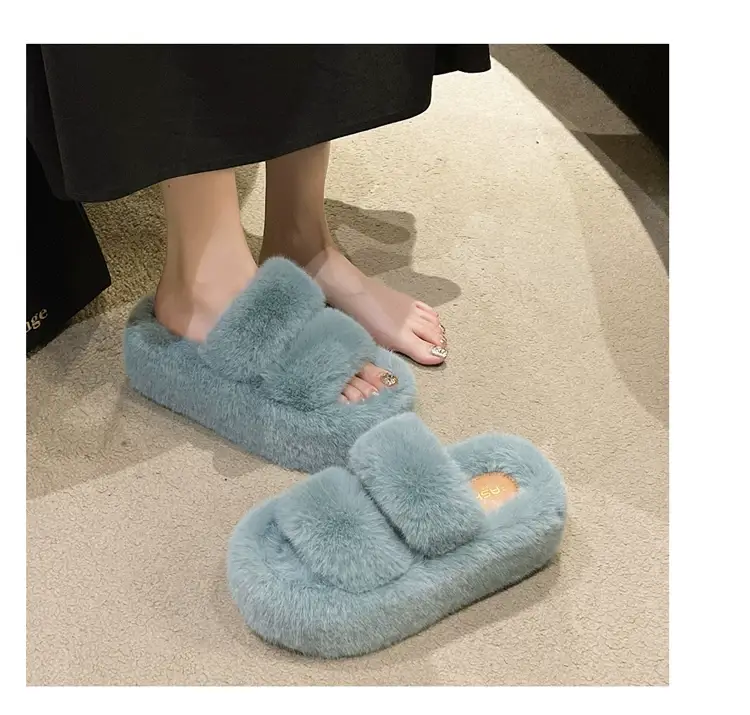 2025 Spring and Autumn New Style Puff Platform Thick Bottom Height Increased Plush Fluffy Cotton Slippers Women's Outwear Home Fluffy Shoes — feature 25