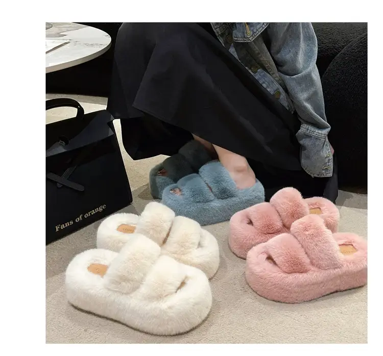 2025 Spring and Autumn New Style Puff Platform Thick Bottom Height Increased Plush Fluffy Cotton Slippers Women's Outwear Home Fluffy Shoes — feature 28
