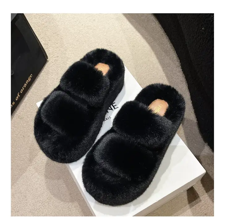 2025 Spring and Autumn New Style Puff Platform Thick Bottom Height Increased Plush Fluffy Cotton Slippers Women's Outwear Home Fluffy Shoes — feature 33