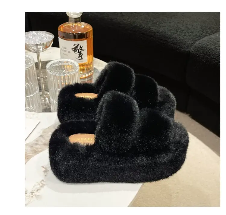 2025 Spring and Autumn New Style Puff Platform Thick Bottom Height Increased Plush Fluffy Cotton Slippers Women's Outwear Home Fluffy Shoes — feature 34