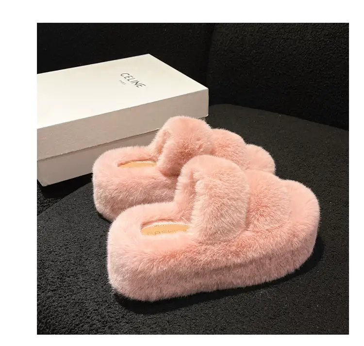 2025 Spring and Autumn New Style Puff Platform Thick Bottom Height Increased Plush Fluffy Cotton Slippers Women's Outwear Home Fluffy Shoes — feature 38