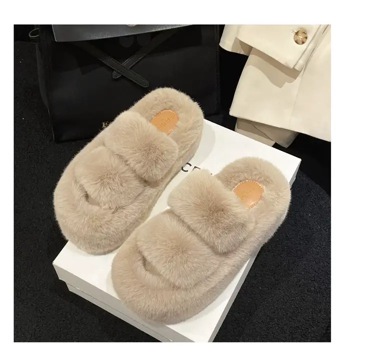 2025 Spring and Autumn New Style Puff Platform Thick Bottom Height Increased Plush Fluffy Cotton Slippers Women's Outwear Home Fluffy Shoes — feature 39