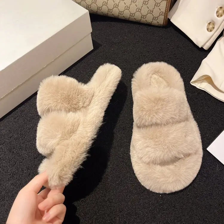 2025 Spring and Autumn New Style Puff Platform Thick Bottom Height Increased Plush Fluffy Cotton Slippers Women's Outwear Home Fluffy Shoes