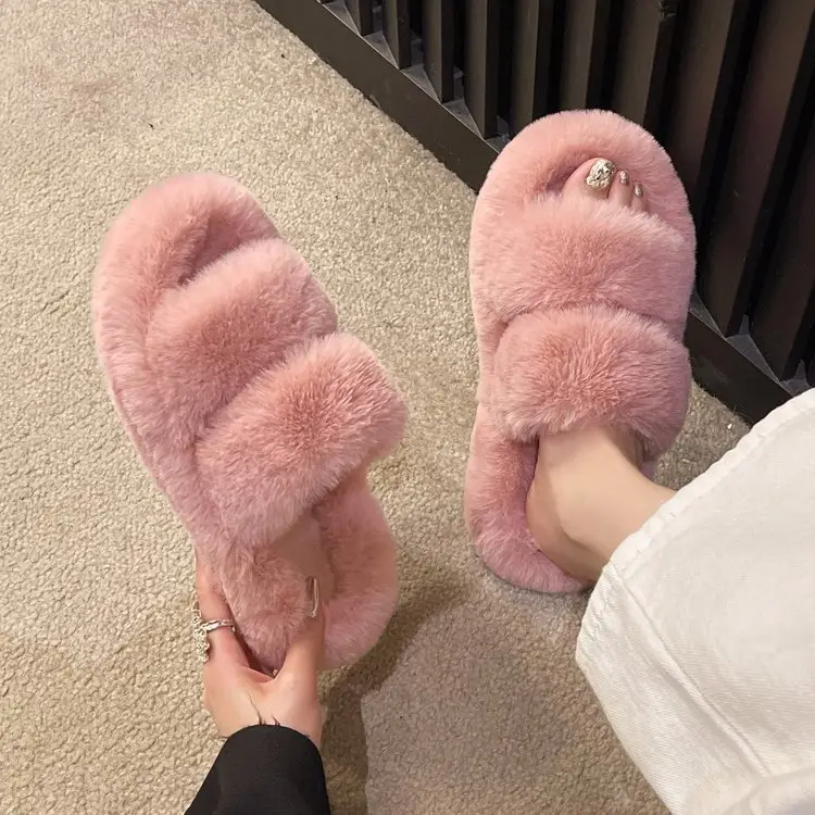 2025 Spring and Autumn New Style Puff Platform Thick Bottom Height Increased Plush Fluffy Cotton Slippers Women's Outwear Home Fluffy Shoes