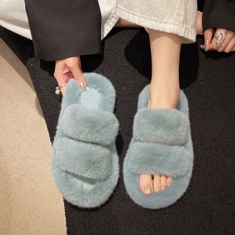 2025 Spring and Autumn New Style Puff Platform Thick Bottom Height Increased Plush Fluffy Cotton Slippers Women's Outwear Home Fluffy Shoes