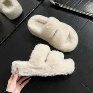 2025 Spring and Autumn New Style Puff Platform Thick Bottom Height Increased Plush Fluffy Cotton Slippers Women's Outwear Home Fluffy Shoes