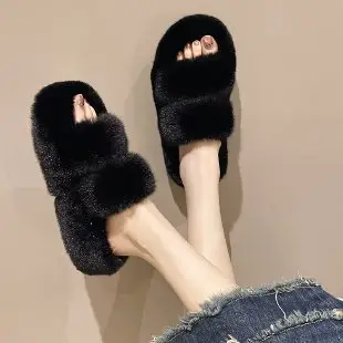 2025 Spring and Autumn New Style Puff Platform Thick Bottom Height Increased Plush Fluffy Cotton Slippers Women's Outwear Home Fluffy Shoes