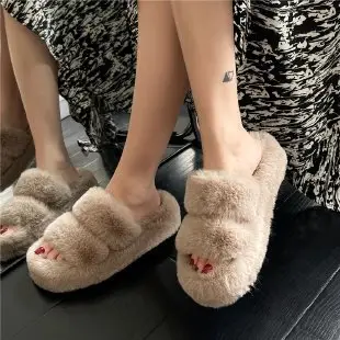 2025 Spring and Autumn New Style Puff Platform Thick Bottom Height Increased Plush Fluffy Cotton Slippers Women's Outwear Home Fluffy Shoes