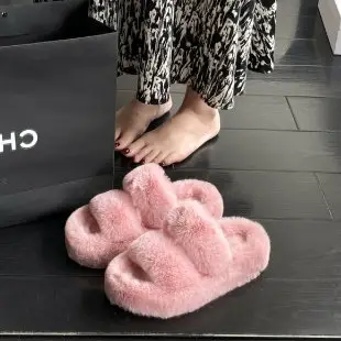 2025 Spring and Autumn New Style Puff Platform Thick Bottom Height Increased Plush Fluffy Cotton Slippers Women's Outwear Home Fluffy Shoes