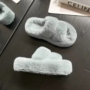 2025 Spring and Autumn New Style Puff Platform Thick Bottom Height Increased Plush Fluffy Cotton Slippers Women's Outwear Home Fluffy Shoes